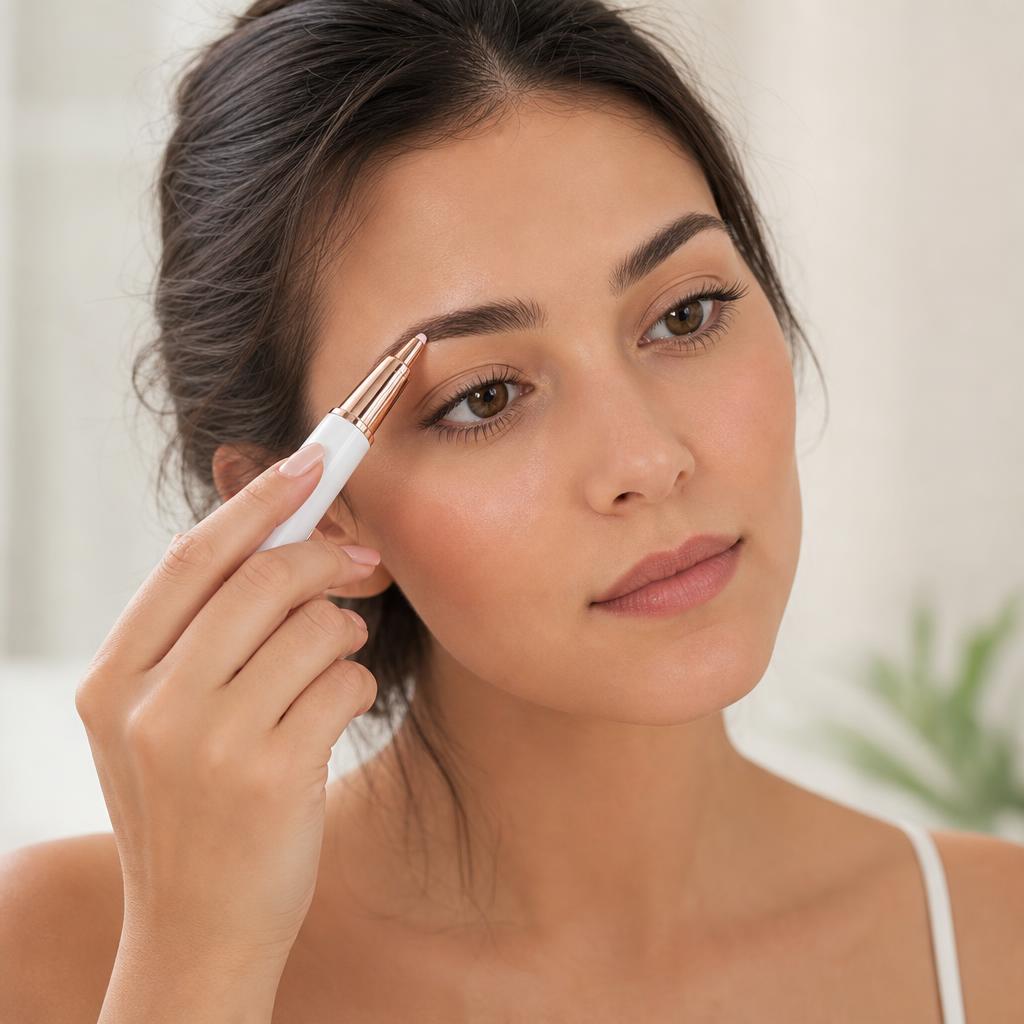 Mulher usando a caneta depiladora elétrica para sobrancelhas